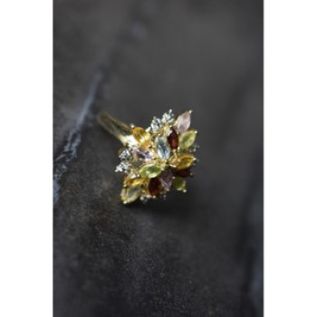 925 Sterling Silver Gold Plated Multi Gemstones Ring Size 6.5