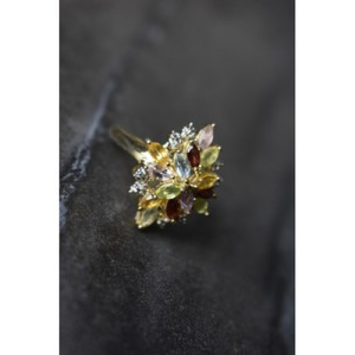 925 Sterling Silver Gold Plated Multi Gemstones Ring Size 6.5
