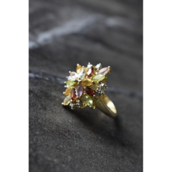 925 Sterling Silver Gold Plated Multi Gemstones Ring Size 6.5