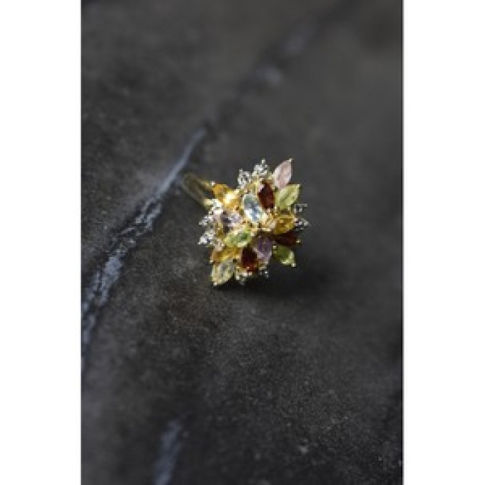 925 Sterling Silver Gold Plated Multi Gemstones Ring Size 6.5