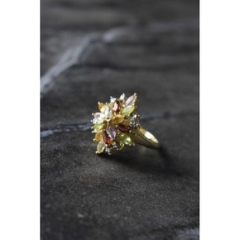 925 Sterling Silver Gold Plated Multi Gemstones Ring Size 6.5