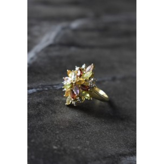 925 Sterling Silver Gold Plated Multi Gemstones Ring Size 6.5
