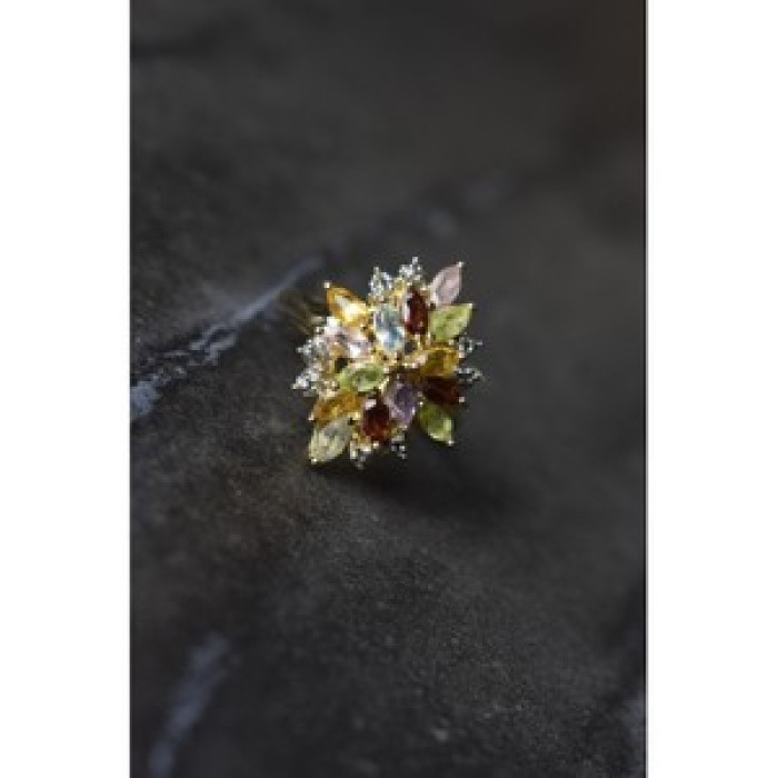 925 Sterling Silver Gold Plated Multi Gemstones Ring Size 6.5