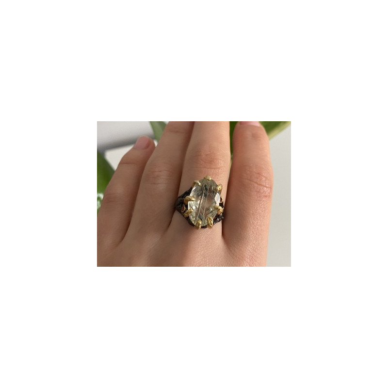 925 BLACKENED  SILVER WITH GILDING  GREEN AMETHYST & HELIODOR RING SIZE 9.75