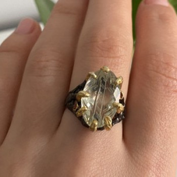 925 Blackened Silver With Gilding Green Amethyst & Heliodor Ring Size 9.75