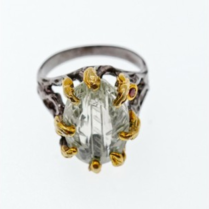 925 Blackened Silver With Gilding Green Amethyst & Heliodor Ring Size 9.75