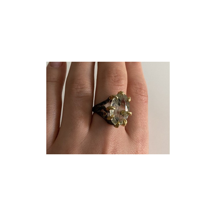 925 BLACKENED  SILVER WITH GILDING  GREEN AMETHYST & HELIODOR RING SIZE 9.75