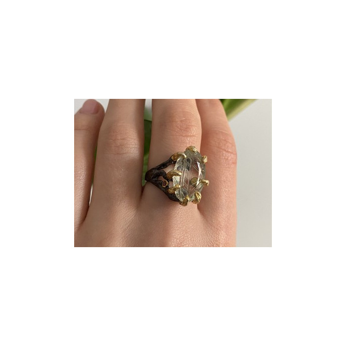 925 BLACKENED  SILVER WITH GILDING  GREEN AMETHYST & HELIODOR RING SIZE 9.75