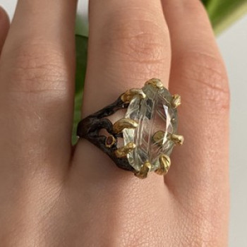 925 Blackened Silver With Gilding Green Amethyst & Heliodor Ring Size 9.75