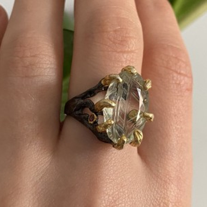 925 Blackened Silver With Gilding Green Amethyst & Heliodor Ring Size 9.75