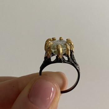 925 Blackened Silver With Gilding Green Amethyst & Heliodor Ring Size 9.75