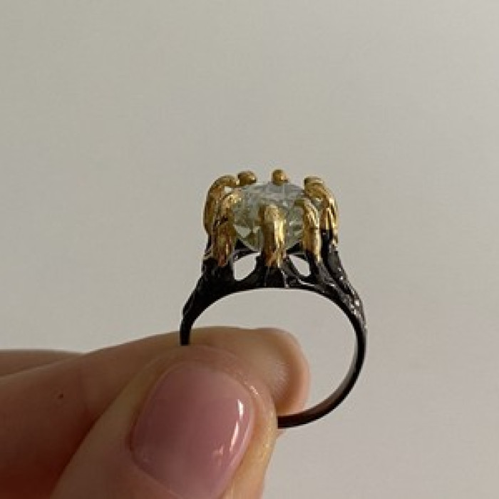 925 Blackened Silver With Gilding Green Amethyst & Heliodor Ring Size 9.75