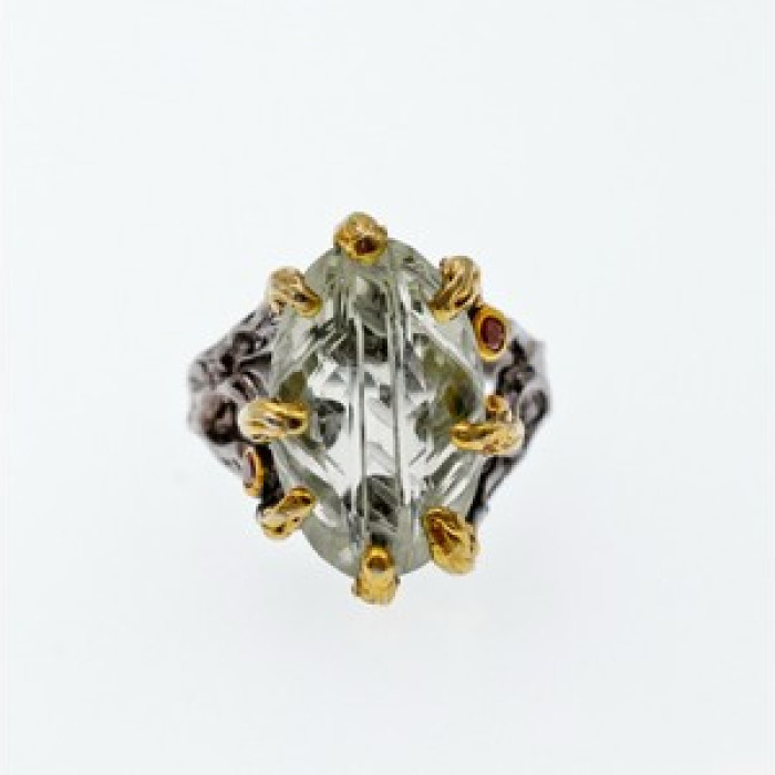 925 Blackened Silver With Gilding Green Amethyst & Heliodor Ring Size 9.75