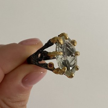 925 Blackened Silver With Gilding Green Amethyst & Heliodor Ring Size 9.75
