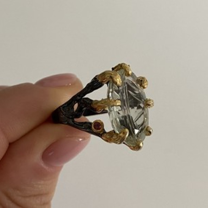 925 Blackened Silver With Gilding Green Amethyst & Heliodor Ring Size 9.75