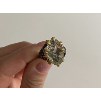 925 BLACKENED  SILVER WITH GILDING  GREEN AMETHYST & HELIODOR RING SIZE 9.75