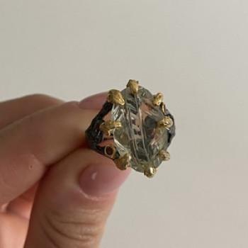 925 Blackened Silver With Gilding Green Amethyst & Heliodor Ring Size 9.75