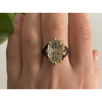 925 BLACKENED  SILVER WITH GILDING  GREEN AMETHYST & HELIODOR RING SIZE 9.75