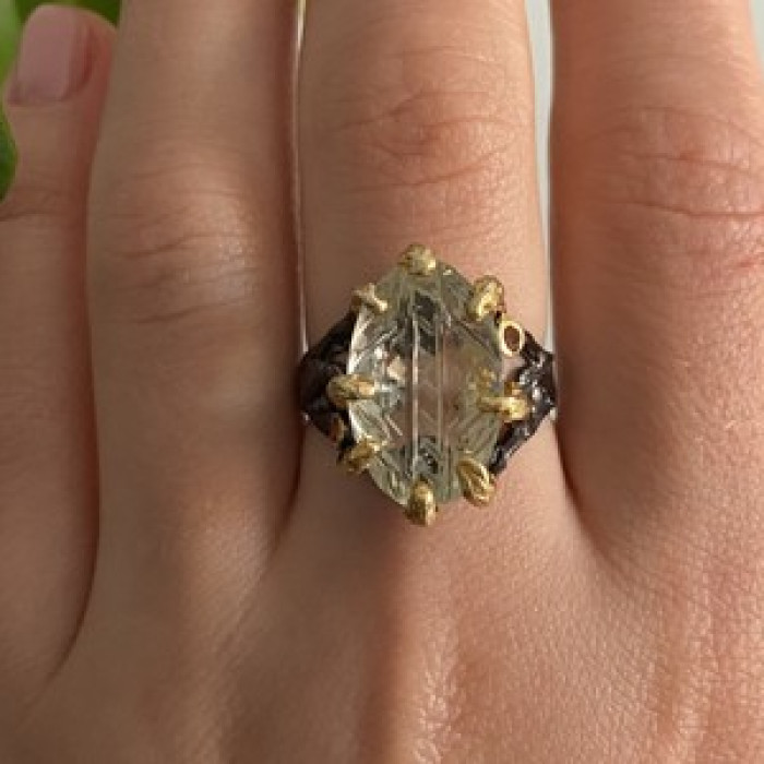 925 Blackened Silver With Gilding Green Amethyst & Heliodor Ring Size 9.75