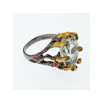 925 BLACKENED  SILVER WITH GILDING  GREEN AMETHYST & HELIODOR RING SIZE 9.75