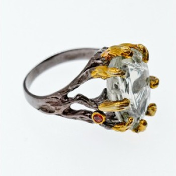 925 Blackened Silver With Gilding Green Amethyst & Heliodor Ring Size 9.75