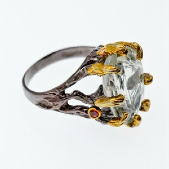 925 Blackened Silver With Gilding Green Amethyst & Heliodor Ring Size 9.75