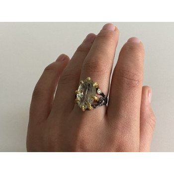 925 BLACKENED  SILVER WITH GILDING  GREEN AMETHYST & HELIODOR RING SIZE 9.75