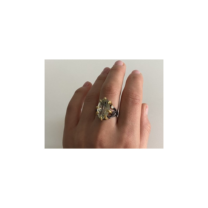 925 BLACKENED  SILVER WITH GILDING  GREEN AMETHYST & HELIODOR RING SIZE 9.75