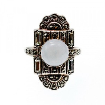 Vintage 925 Sterling Silver Agate, Goshenite & Marcasites Ring Size 5.5