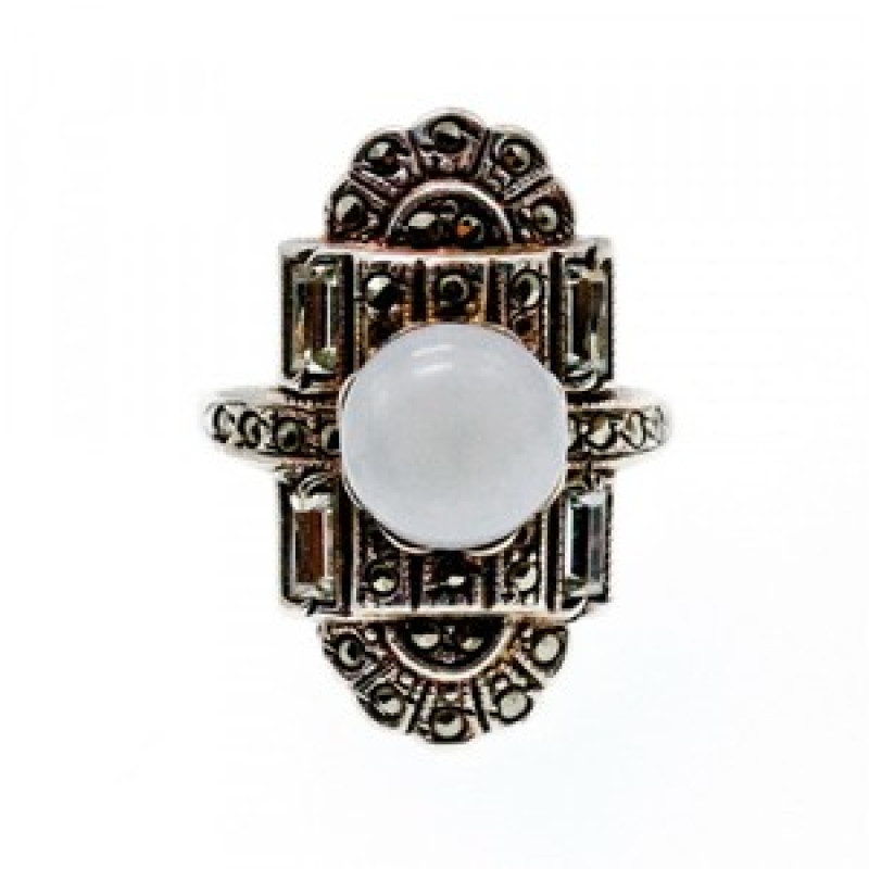 Vintage 925 Sterling Silver Agate, Goshenite & Marcasites Ring Size 5.5