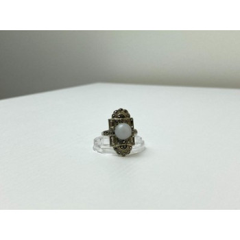 Vintage 925 Sterling Silver Agate, Goshenite & Marcasites Ring Size 5.5