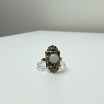 Vintage 925 Sterling Silver Agate, Goshenite & Marcasites Ring Size 5.5
