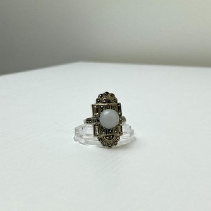 Vintage 925 Sterling Silver Agate, Goshenite & Marcasites Ring Size 5.5