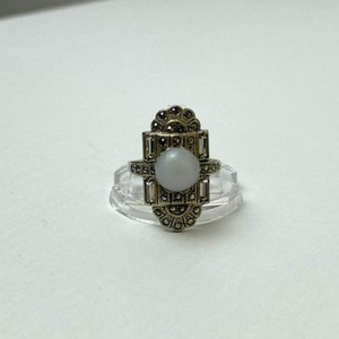 Vintage 925 Sterling Silver Agate, Goshenite & Marcasites Ring Size 5.5