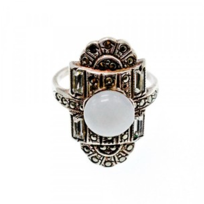 Vintage 925 Sterling Silver Agate, Goshenite & Marcasites Ring Size 5.5