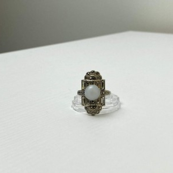 Vintage 925 Sterling Silver Agate, Goshenite & Marcasites Ring Size 5.5