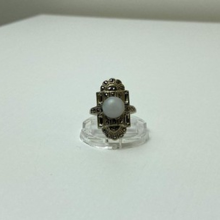 Vintage 925 Sterling Silver Agate, Goshenite & Marcasites Ring Size 5.5