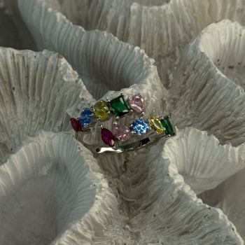925 Sterling Silver Ring Multicolor CZ Size 7 Sizable
