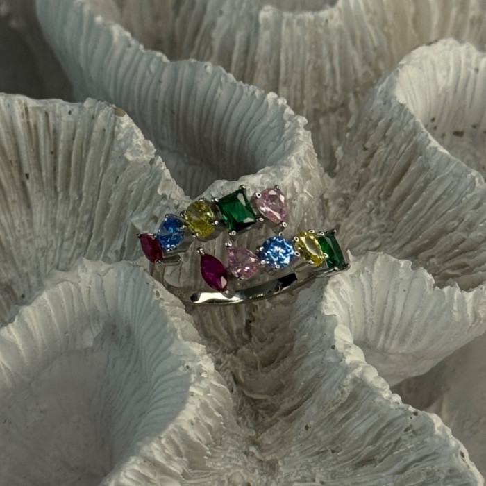 925 Sterling Silver Ring Multicolor CZ Size 7 Sizable