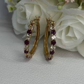 925 Sterling Silver Gold Plated Ruby & Beryl Earrings Length 1.10 Inch