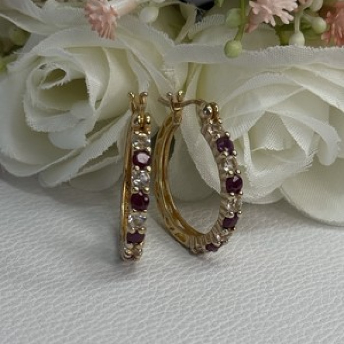 925 Sterling Silver Gold Plated Ruby & Beryl Earrings Length 1.10 Inch