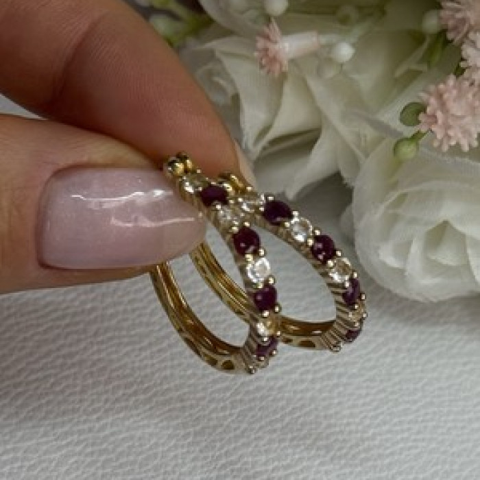 925 Sterling Silver Gold Plated Ruby & Beryl Earrings Length 1.10 Inch