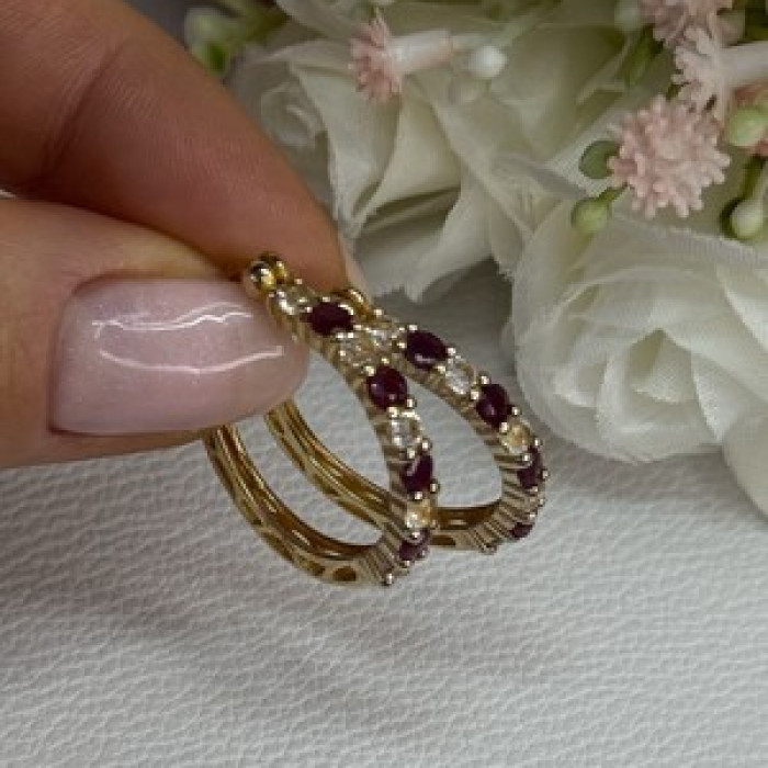 925 Sterling Silver Gold Plated Ruby & Beryl Earrings Length 1.10 Inch