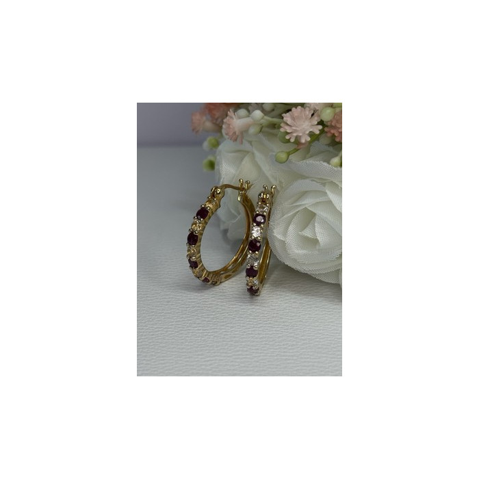 925 Sterling Silver Gold Plated Ruby & Beryl Earrings Length 1.10 Inch