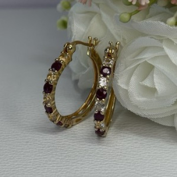 925 Sterling Silver Gold Plated Ruby & Beryl Earrings Length 1.10 Inch