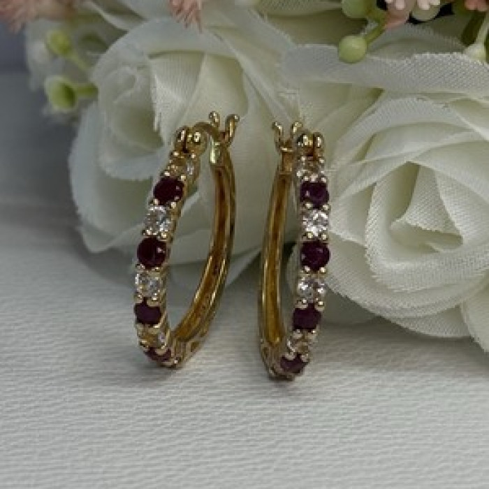 925 Sterling Silver Gold Plated Ruby & Beryl Earrings Length 1.10 Inch