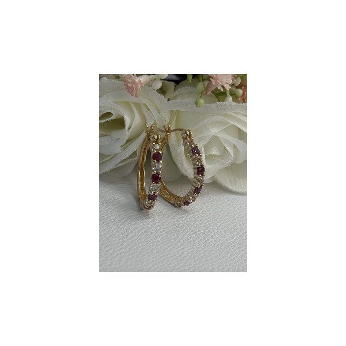 925 Sterling Silver Gold Plated Ruby & Beryl Earrings Length 1.10 Inch