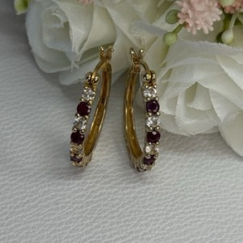 925 Sterling Silver Gold Plated Ruby & Beryl Earrings Length 1.10 Inch