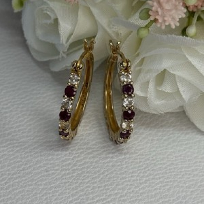925 Sterling Silver Gold Plated Ruby & Beryl Earrings Length 1.10 Inch
