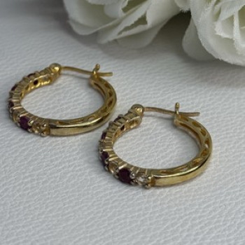 925 Sterling Silver Gold Plated Ruby & Beryl Earrings Length 1.10 Inch